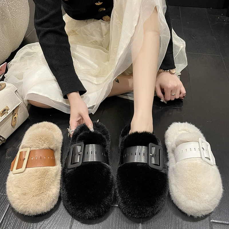 Толстый кожаный ремень пряжка головка волосатая шерстяная буксир 2024 женская осень-зима новая корейская версия дома теплая и ношение иностранных тапочек женская
