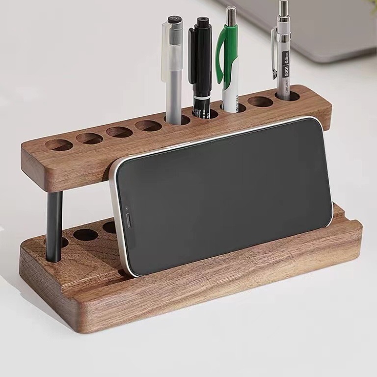 Customized Wooden Pen Holder for Office Desk Stationery, Signature Pen Storage, Multifunctional Integrated Phone Stand and Pen Stand