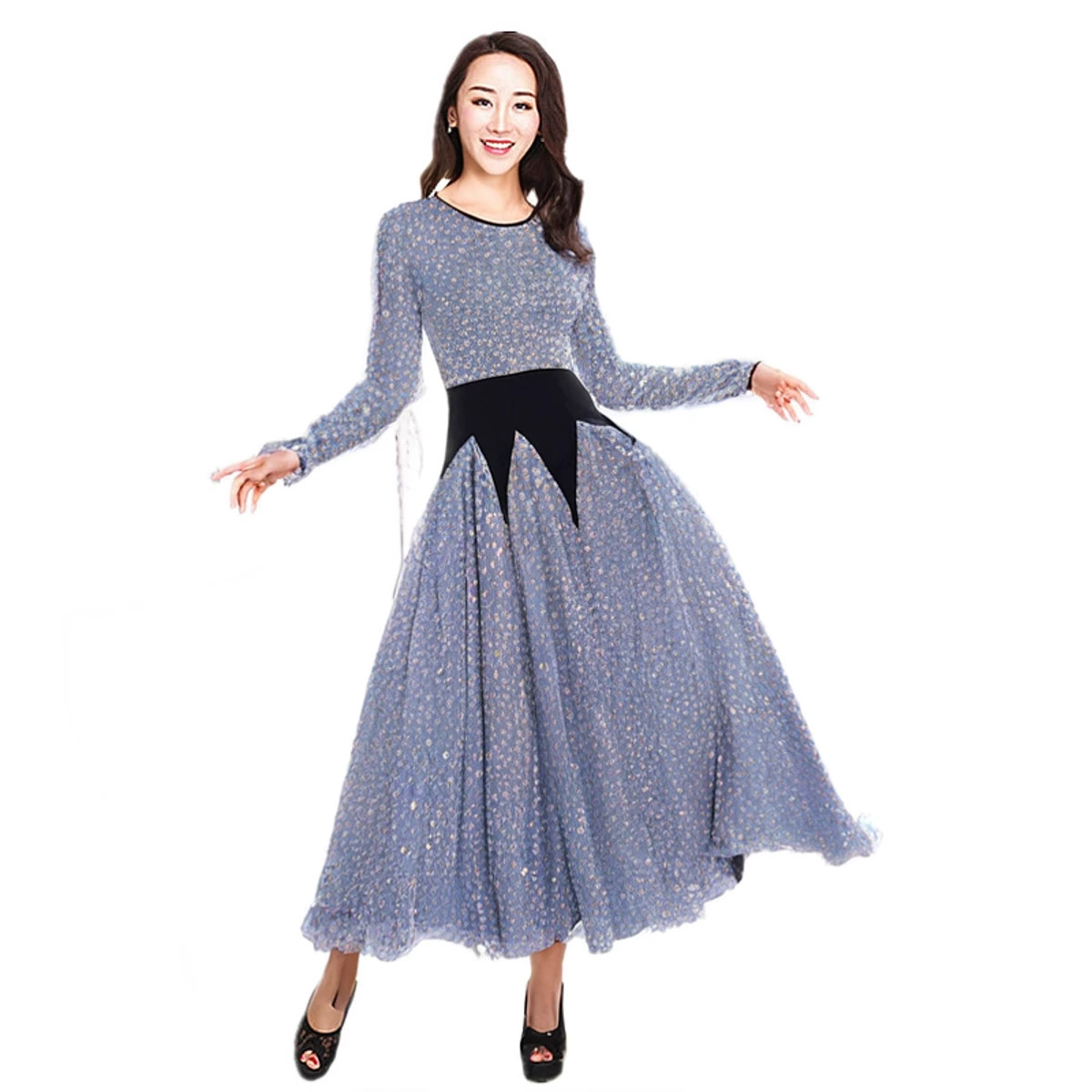 Новое платье современного танца платье платье большой качели платье с длинными рукавами