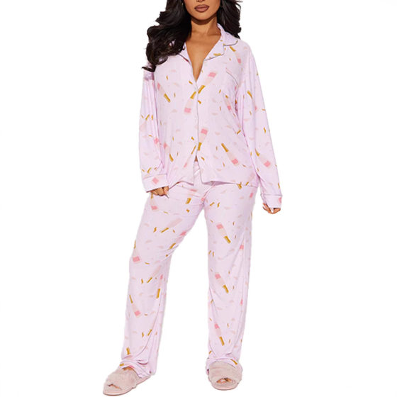 Cross-border Amazon 2025 Summer European and American Cartoon Print Long-sleeved Pants with Cartoon Button suit Modal