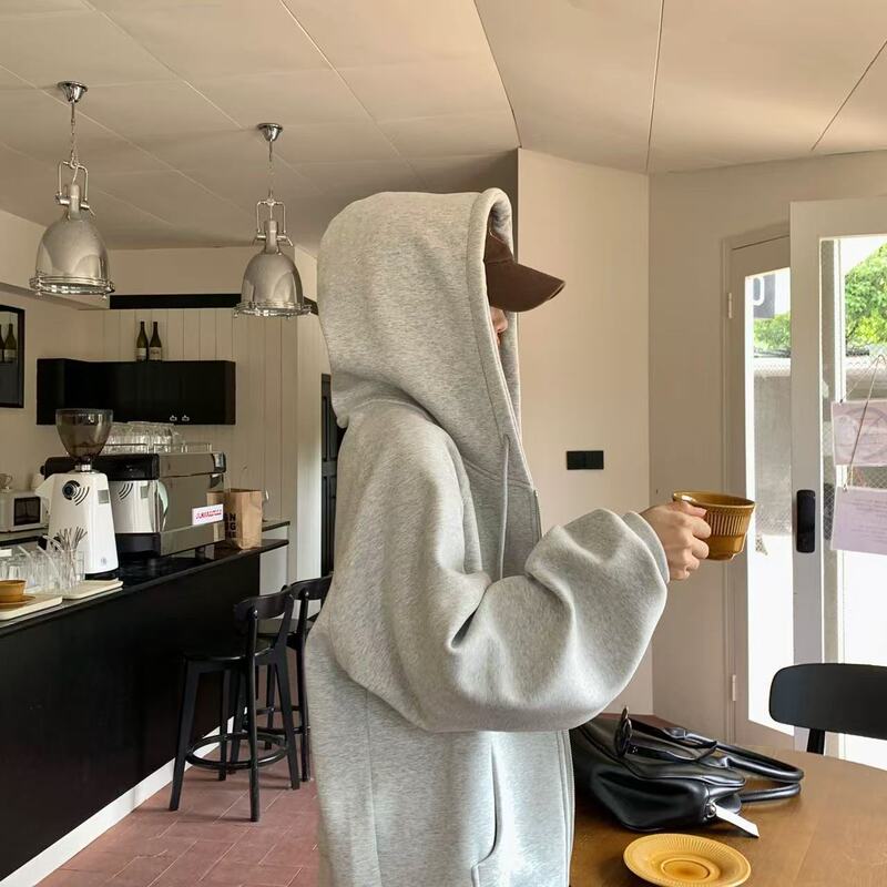 Shandong Jimo Space Cotton Gray Hooded Raglan Sleeve Sweatshirt Women's Autumn and Winter New Loose Lazy Style Jacket Top