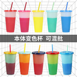 厂家现货24oz大容量可重复使用变色吸管杯 pp单层塑料本体变色杯