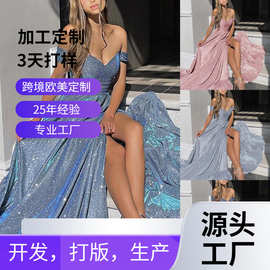 2026亚马逊欧美宴会礼服裙 ins亮片大裙摆抹胸性感时尚开叉连衣裙