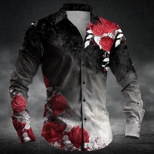 European and American Cross-Border Men's High-End Rose Black and White Texture 3D Printed Autum Long-Sleeved Shirt Lapel Shirt Men's Clothing
