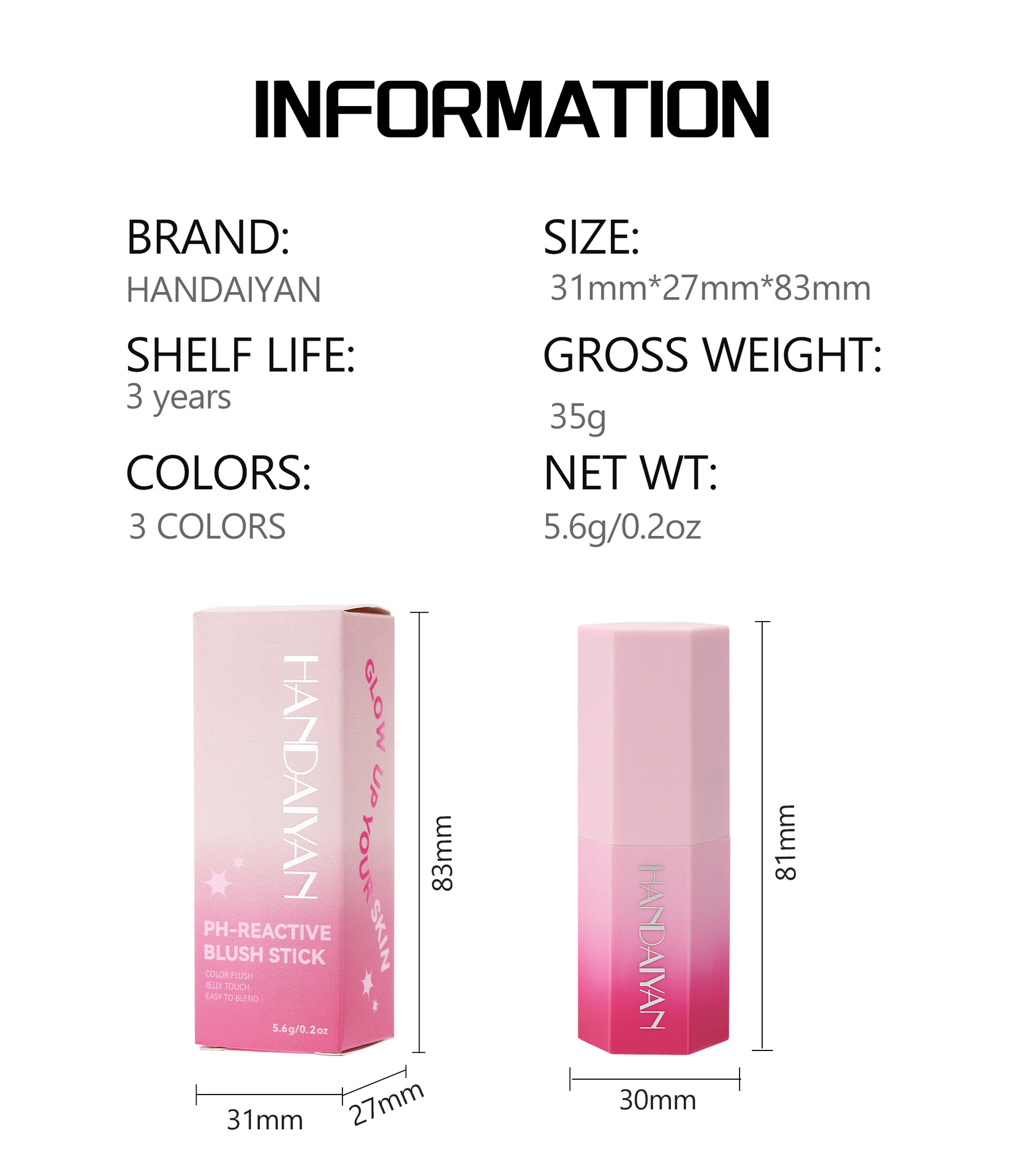 Cross-border Jelly Blush Stick handaiyan Solid Blush High-gloss Contouring Multi-Purpose Cream Matte Thermochromic Blush Cream details Picture