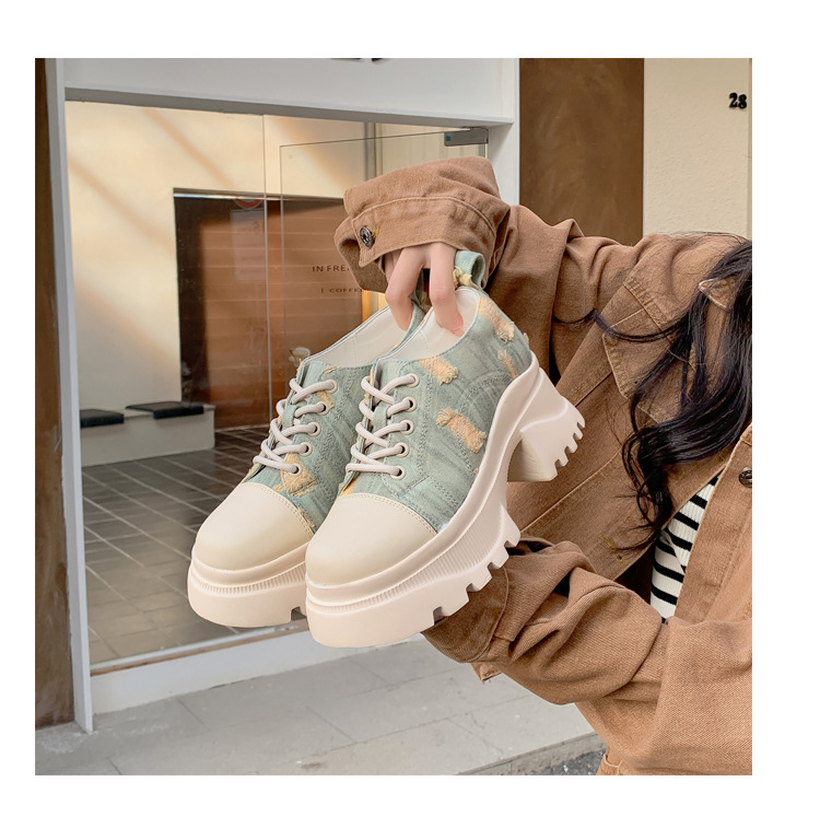 Biscuit big toe increased height and thick soles, seasonal casual shoes, denim canvas shoes for women with pants_voghion.com