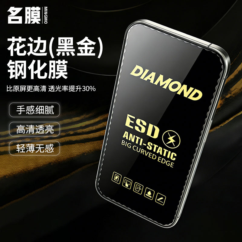手机钢化膜适用苹果全系列花边钻石膜合金高清防静电17手机膜