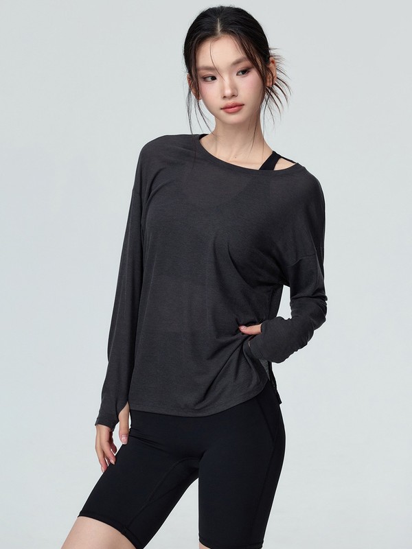 宽松显瘦罩衫女长袖T恤下摆开叉瑜伽服百搭休闲运动上衣|undefined
