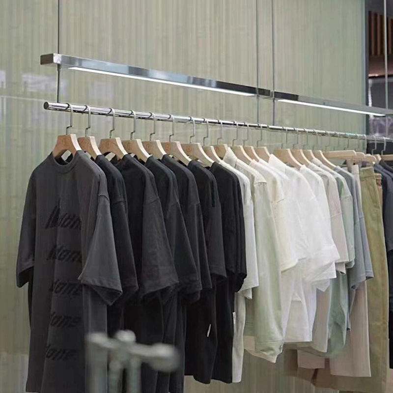 Clothing store stainless steel lamp suspended ceiling rack for men…