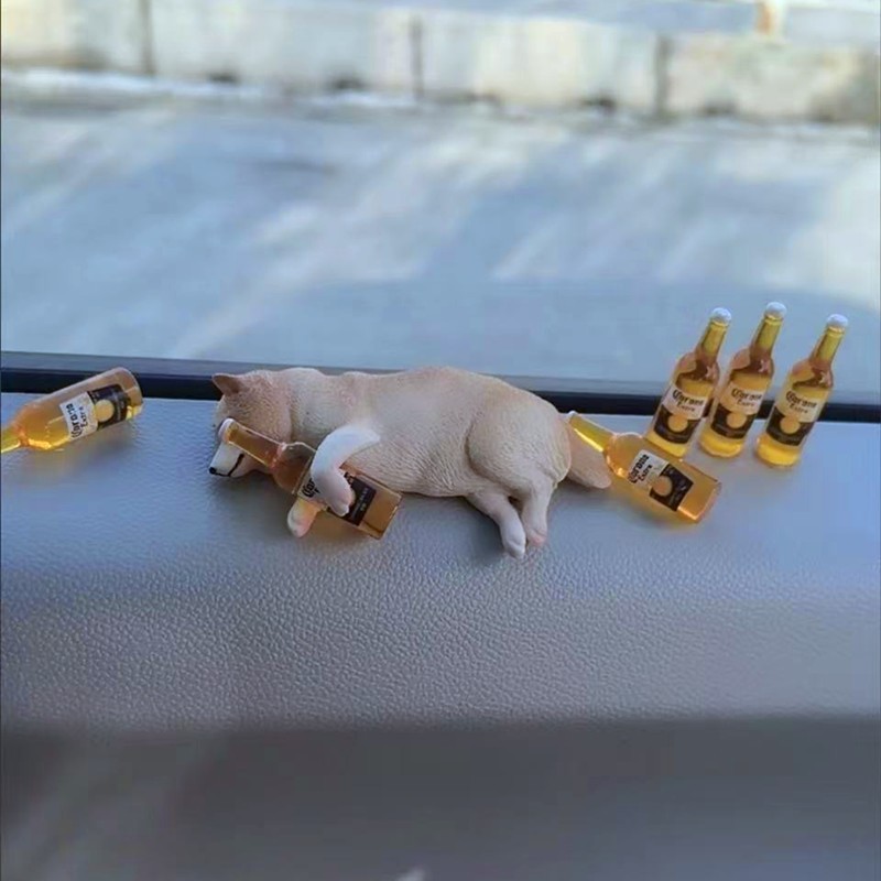 Car Interior Decoration: Personalized, Cute, and Therapeutic Realistic Drunk Shiba Inu Puppy Figurine for Car Dashboard, Popular Decoration