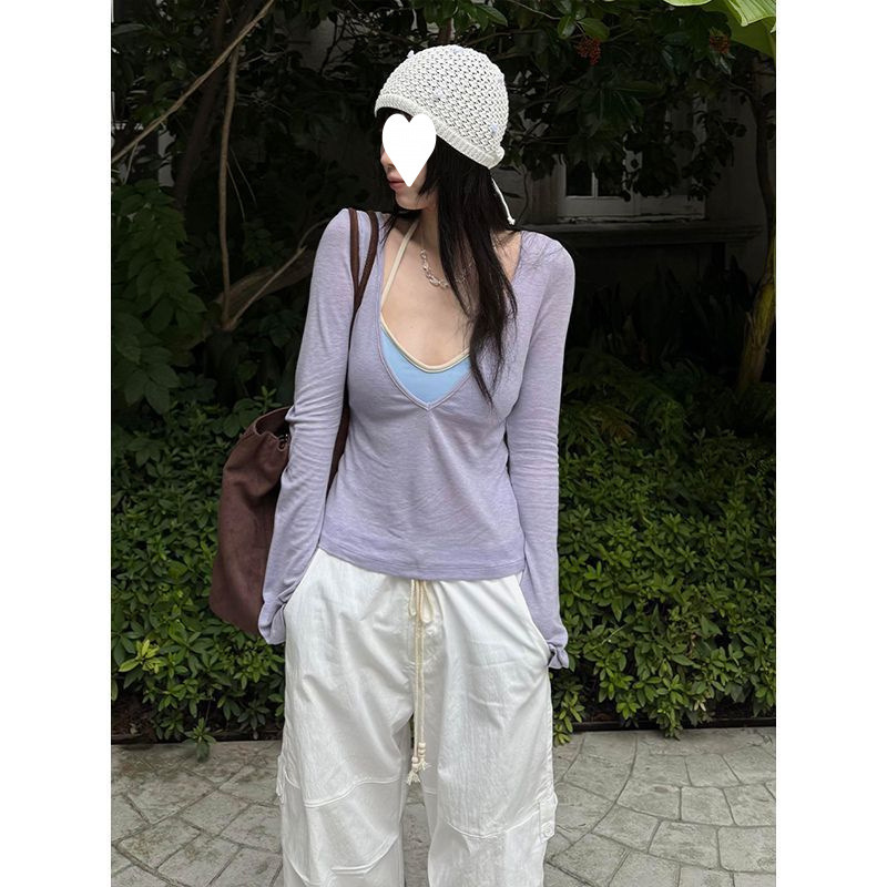 气质辣妹风大领口设计感紫色T恤女2025新款修身显瘦百搭长袖上衣|undefined