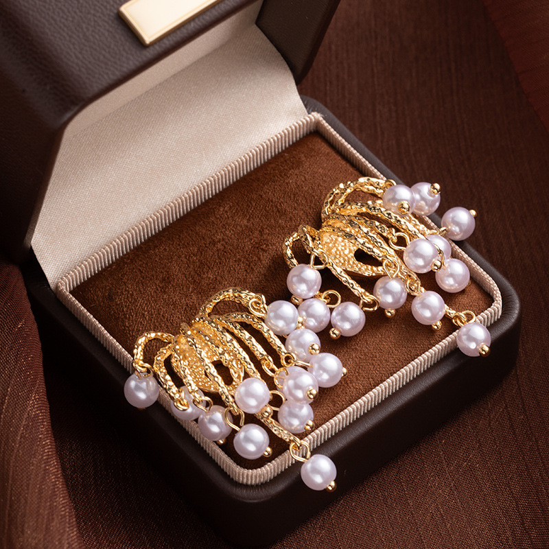 Exquisite 925 Silver Needle Pearl Drop Earrings Gold Texture Style_voghion.com