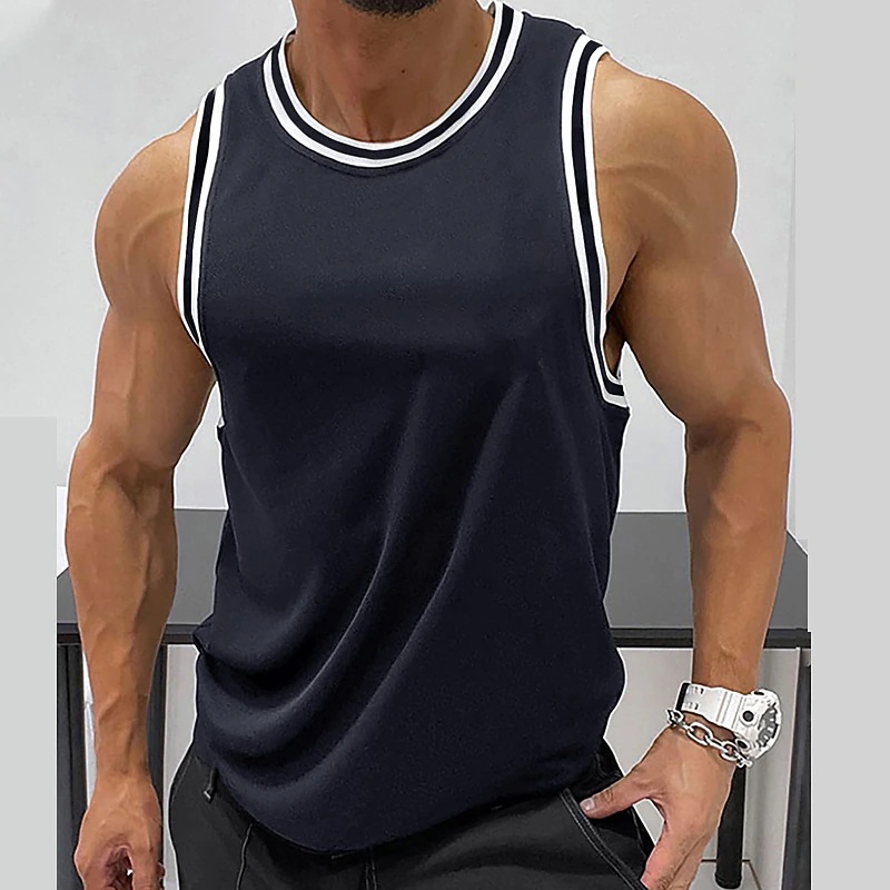 Men's Sleeveless Vest Solid Color Ribbed Edge Round Neck Fitness Sports Top For Outdoor Daily Wear Cross Border Style_viptrois.com
