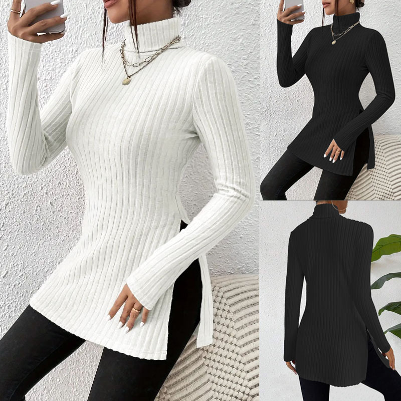 European and American Cross-Border Women's Plus-Size High-Neck Pullover with Slit, Slim-Fit Base Shirt, Ribbed Mid-Length Solid Color Top