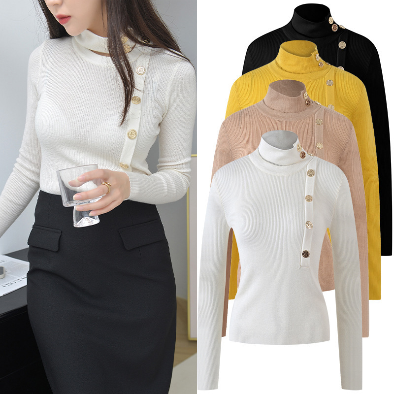 French Temperament Age-reducing Slim-fit Irregular Base Shirt Women's 2022 Autumn and Winter New Neck-hanging Top with Gold Buckle