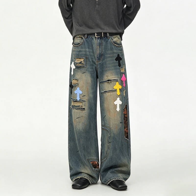 New Style Vintage Yellow Mud Blue Color Patchwork Men's Wide-Leg Jeans with Camouflage Lining and Large Holes, Floor-Length Pants New Style Vintage Yellow Mud Blue Color Patchwork Men's Wide-Leg Jeans with Camouflage Lining and Large Holes, Floor-Length Pants