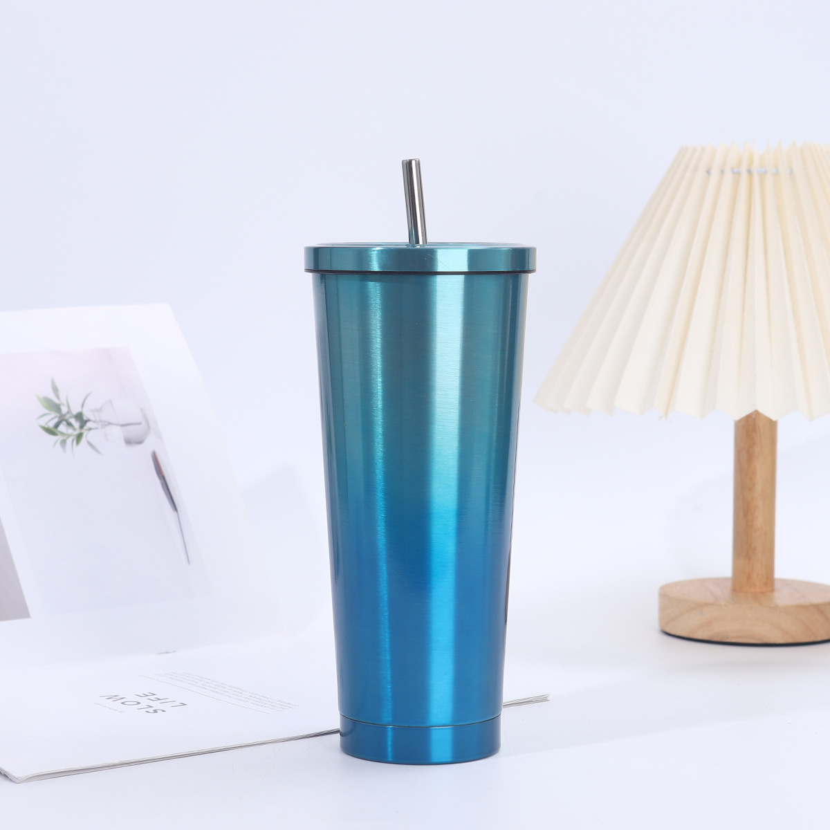 Creativo café degradado 304 taza de vacío de acero inoxidable taza de hielo de gran capacidad taza de paja para exteriores