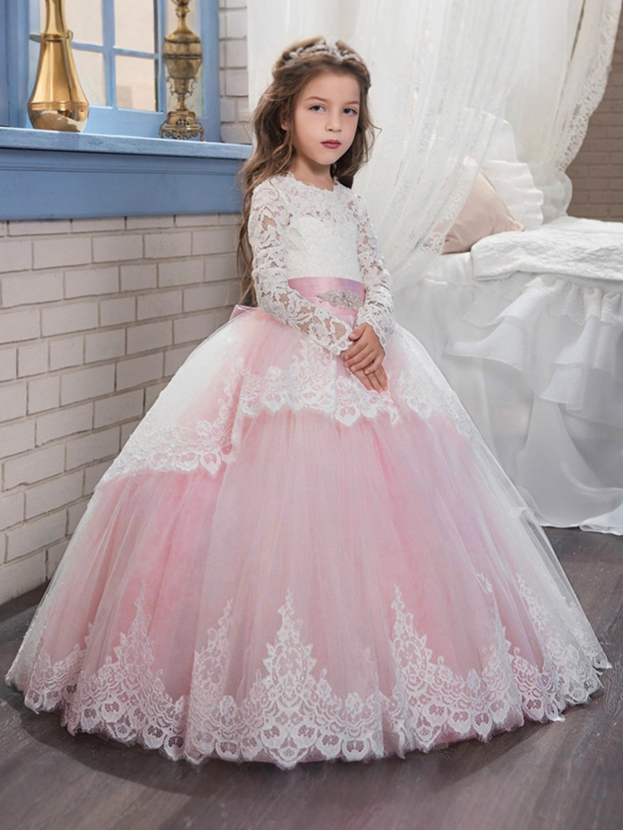 Comercio exterior transfronterizo nuevo encaje doble manga larga invierno bola flor chica pettiskirt vestido de novia entrega de una sola pieza