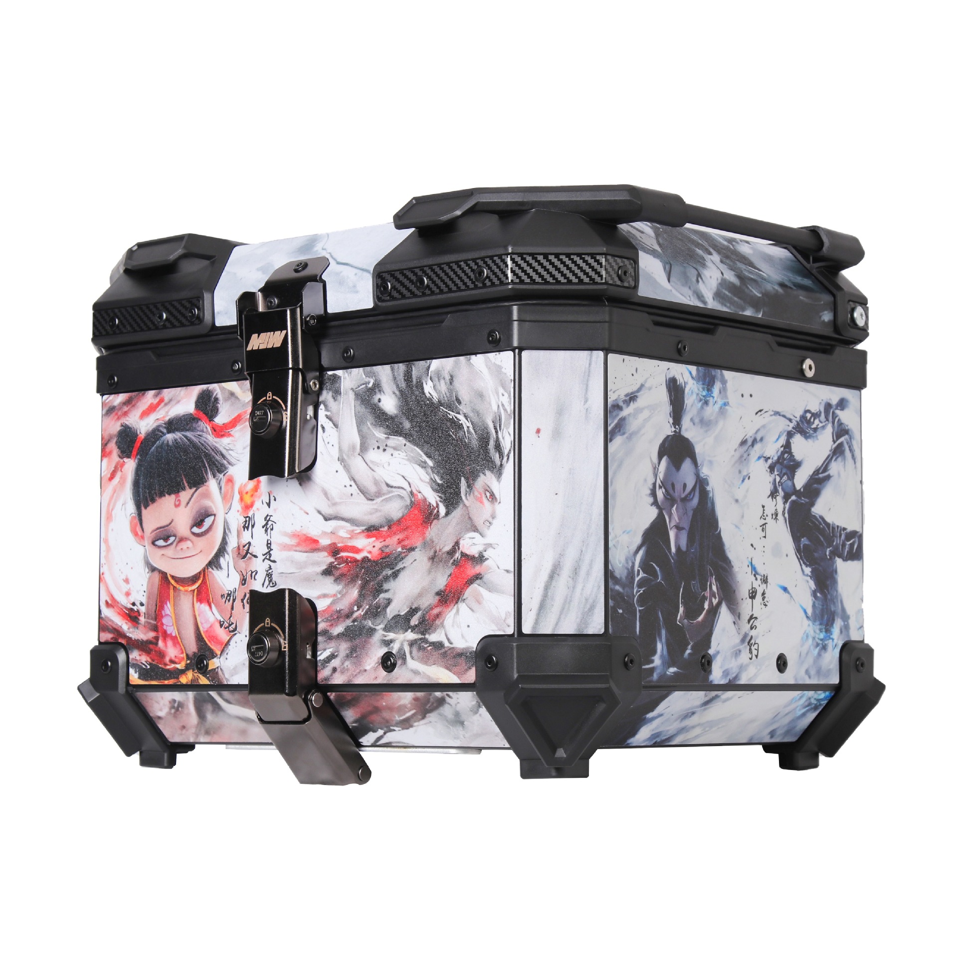 Nuevas calcomanías Nezha motocicleta impermeable maletero de aleación de aluminio coche eléctrico pedal ternero maletero