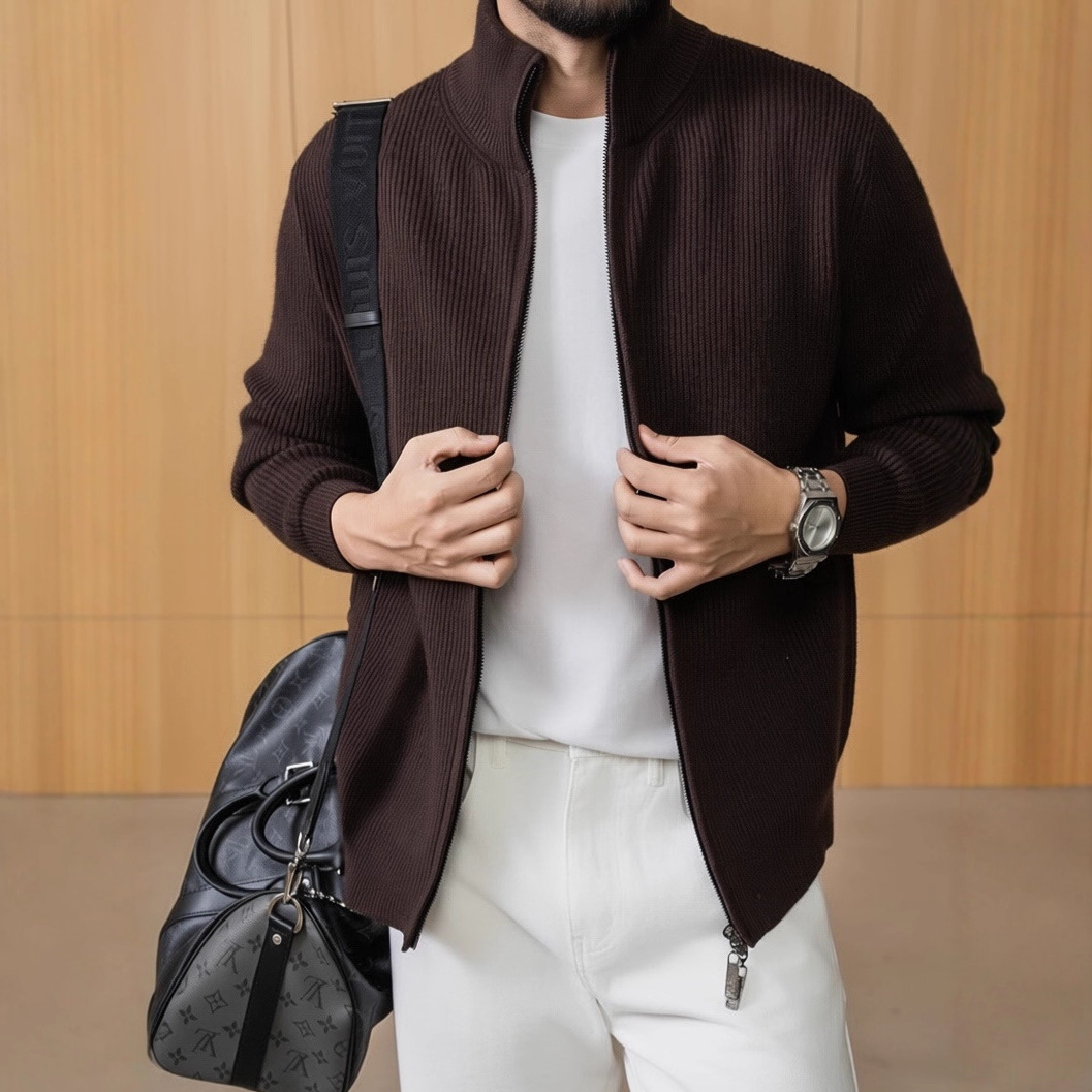 Majia Four-Corner Old Money Style Textured Knit Jacket Men's 2025 Autumn/Winter Zipper Casual Stand Collar Sweater
