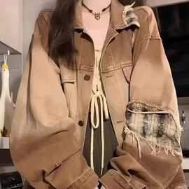 美式牛仔外套拼接新款美式复古宽松设计撞色春秋工装上衣夹克
