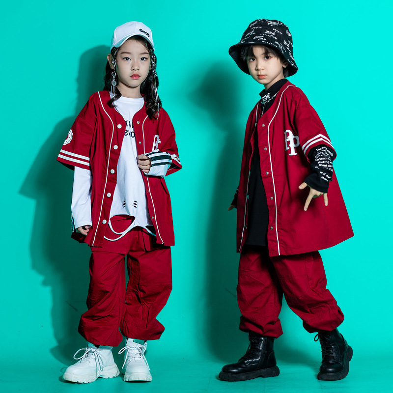 Ropa de moda para niños de hip-hop, ropa de béisbol roja, ropa de actuación de hip-hop para niños y niñas
