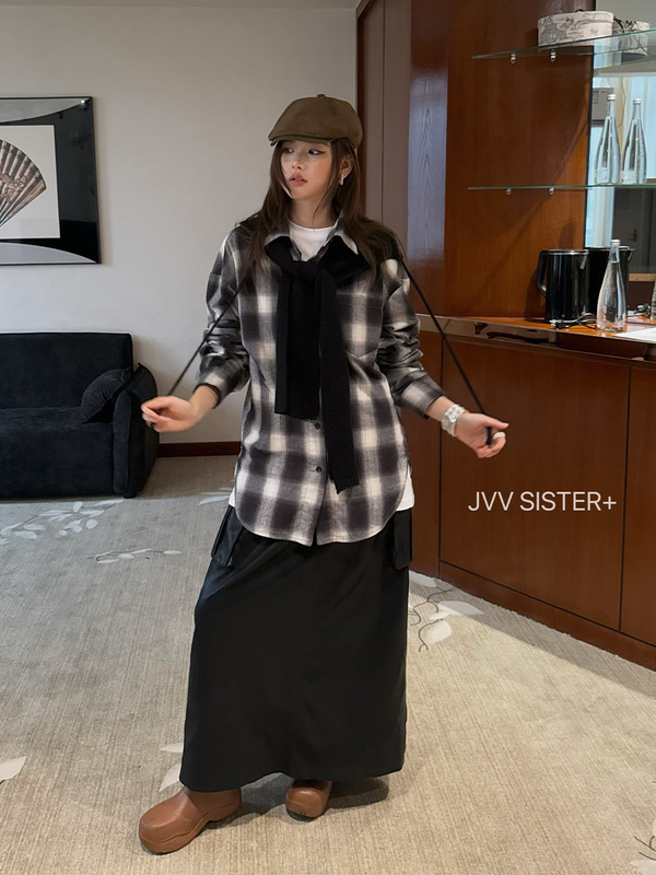 JVV十三行2025秋冬新款磨毛格子宽松衬衫毛织帽上衣两件套女71392|undefined