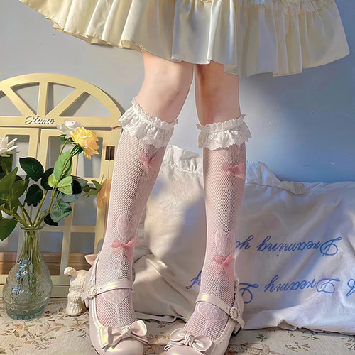 Lolita jk socks lace bow love calf socks lace hollow French sweet love soft girl mid-calf socks