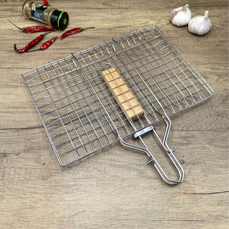 Barbacoa de acero inoxidable BBQ transfronteriza, mango plegable para exteriores, rejilla para hornear, rejilla para barbacoa, rejilla para pescado a la parrilla cuadrada, clip para salchicha