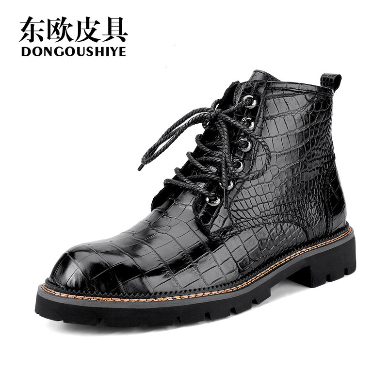 Crocodile Belly Leather Men's Martin Boots, High-Top Thick-Soled Motorcycle Work Boots, Genuine Leather Boots, Mid-Top Trendy Shoes, British Leather Boots