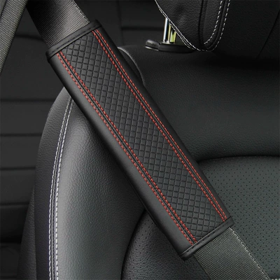 Wholesale JY cross-border hot-selling fiber leather embossed car seat belt shoulder protective cover interior safety belt sheath (Seat belt shoulder pad) - ddjy-rhombus-shoulder-pad-single-black-and-red-line-24cm