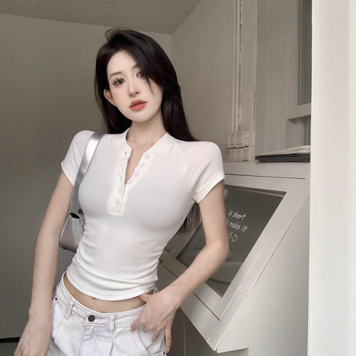 New 2025 Summer American Button-Down Short-Sleeve T-Shirt for Women, Fitted Wrinkle-Free Short Top, Casual Trendy Basic Shirt