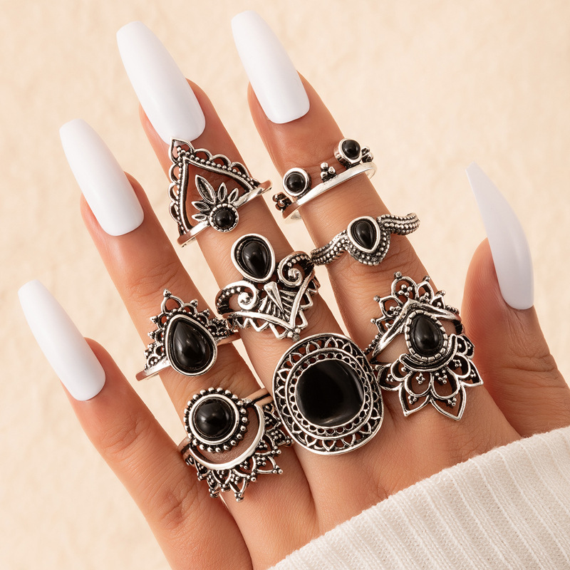 Women'S Gender Retro Jewelry Black Drip Ring Set Geometric Irregular Hollow Ring Eight-piece Set