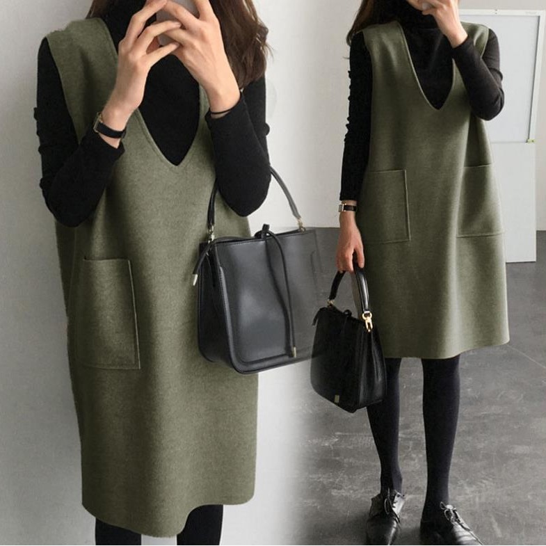 毛呢背心女2022冬季中长款马甲裙子打底连衣裙单件修身醋酯纤维