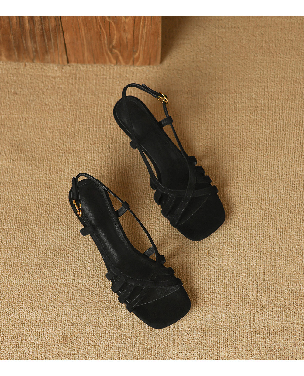 Sandal nữ hở mũi gót dày bện 5.5cm kiểu La Mã — da cừu đen chi tiết 15