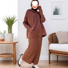 2025春季新款欧美亚马逊跨境女装纯色连帽针织衫拉链口袋百搭套装