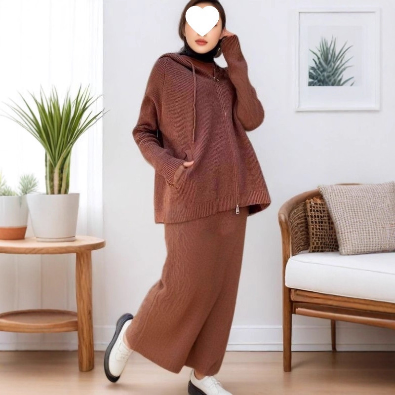 2025春季新款欧美亚马逊跨境女装纯色连帽针织衫拉链口袋百搭套装