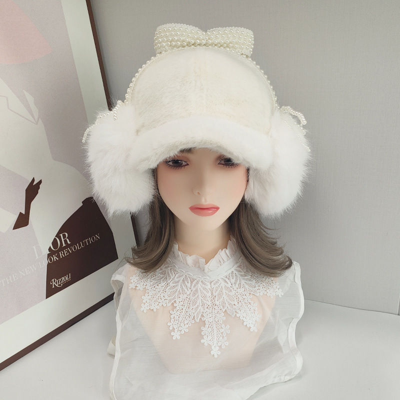 White Plush Imitation Fur Baseball Cap Women's Winter Earmuffs Two-In-One Pearl Bow Warm and Cold-Proof Ear Protection Hat