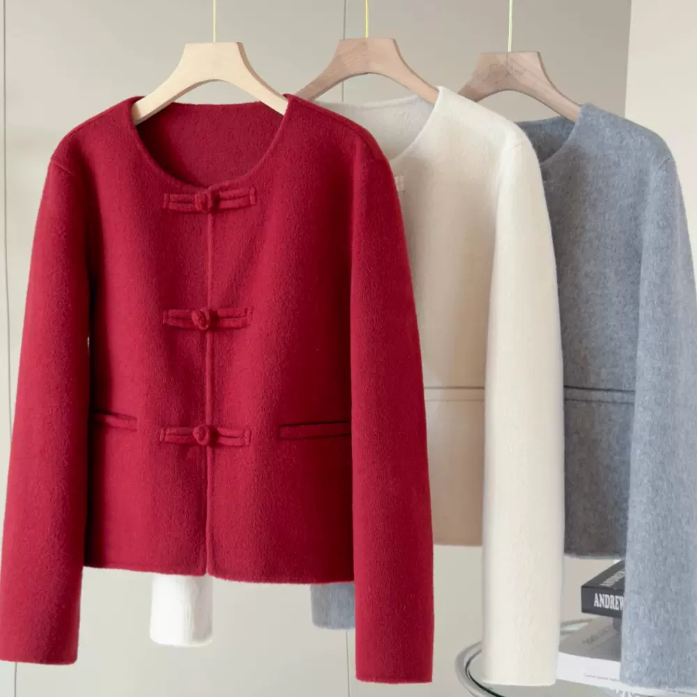 恩迪安可拉红新中式骆驼绒短款大衣女小个子秋冬圆领盘扣新年外套
