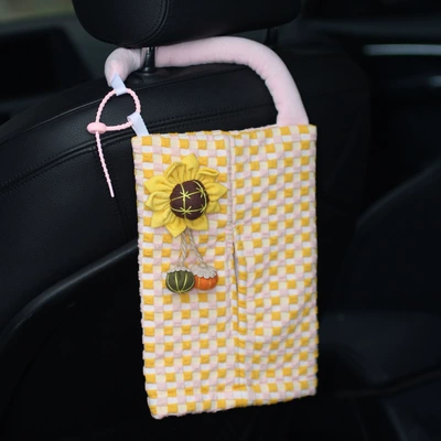 Car tissue box/set Fabric Cover, High-End Feel, Hanging - yellow-grid-tissue-sunflower