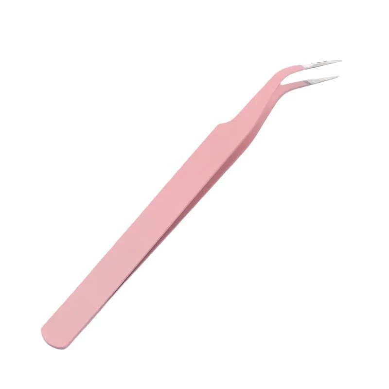 Elbow Eyelash Tweezers, stainless steel angled tip, precision for extensions, pink or black