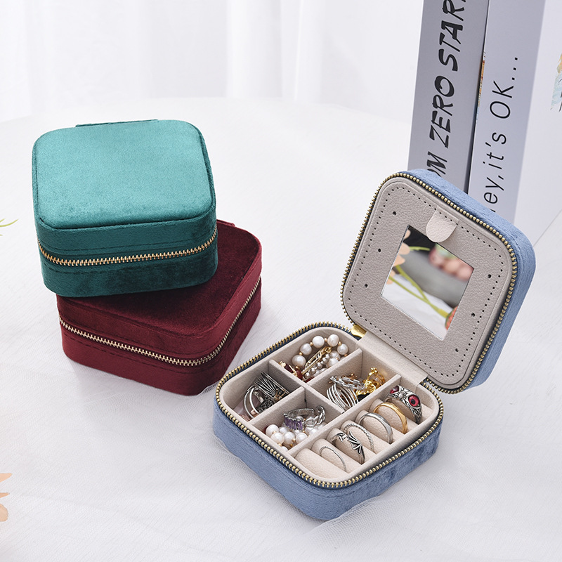 新款天鹅绒拉链包便携式首饰收纳盒  带镜子戒指化妆品珠宝收纳盒