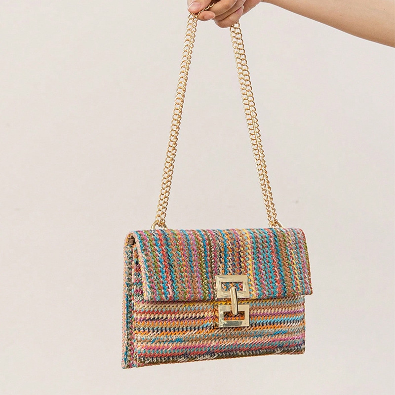 2025 New Vacation Style Multi-Compartment Chain Flap Twist Lock Straw Woven Shoulder Cross-Border Women's Bag_voghion.com