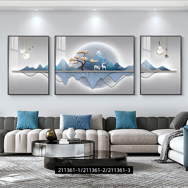 福鹿山水客厅装饰画轻奢高级感沙发背景墙抽象三联挂画高档壁画|undefined