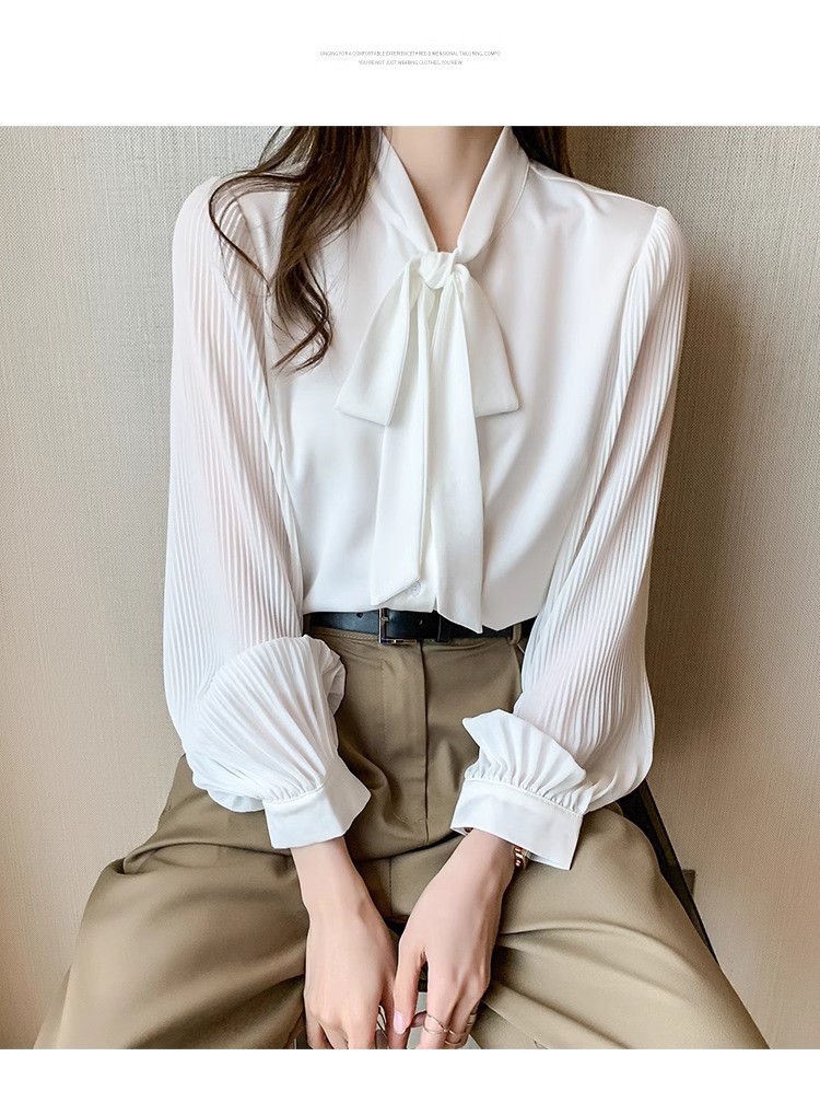 Elegant Spring Bow-tie White Chiffon Shirt Women's Tops Solid Long