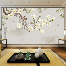 玉堂富贵电视背景墙壁画现代中式玉兰花鸟图手绘壁纸客厅影视墙布