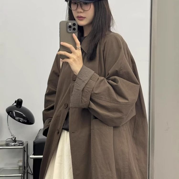 FG感风衣外套女春秋新款韩系小个子翻领格纹拼接中长款上衣服|undefined
