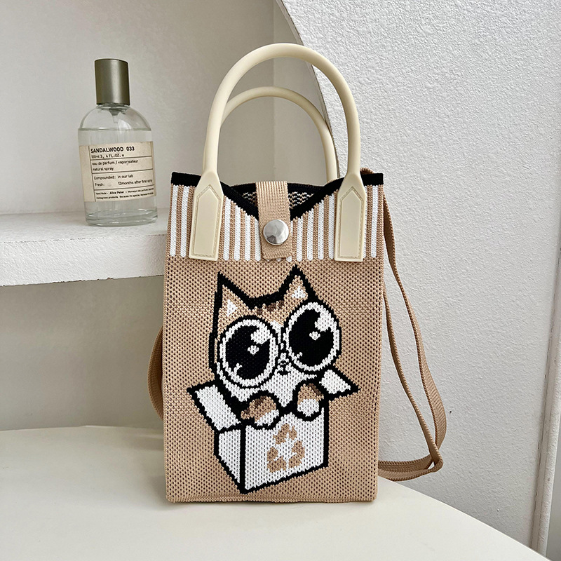 Bolsa de mochila, nicho de diseño, lindo bolso de teléfono móvil, gato de dibujos animados bolso de punto, bolso de mano, mini bolso de hombro de punto