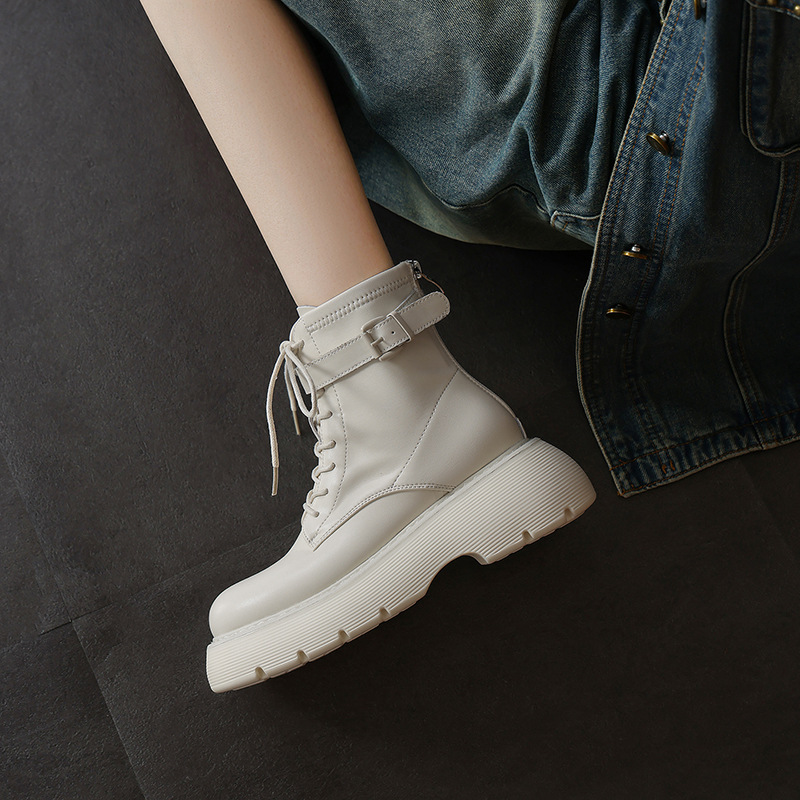 促销帅酷皮带扣马丁靴2025秋冬新款厚底短靴女真皮平底机车靴3340