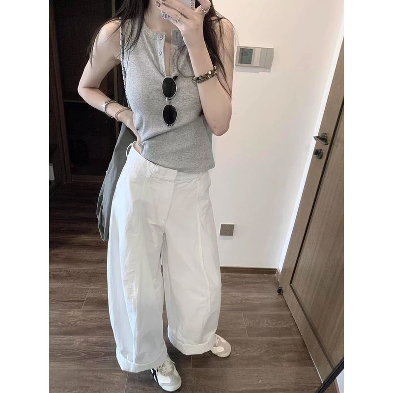 2388# 春款九分白色阔腿裤 薄款休闲裤 宽松显瘦阔腿裤长裤女|undefined